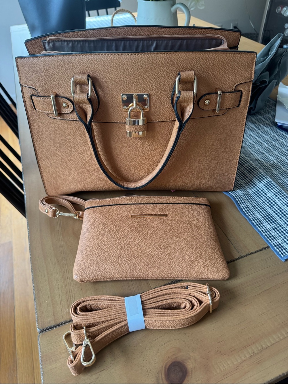 Classic Tan Satchel with Removable Pouch and Strap